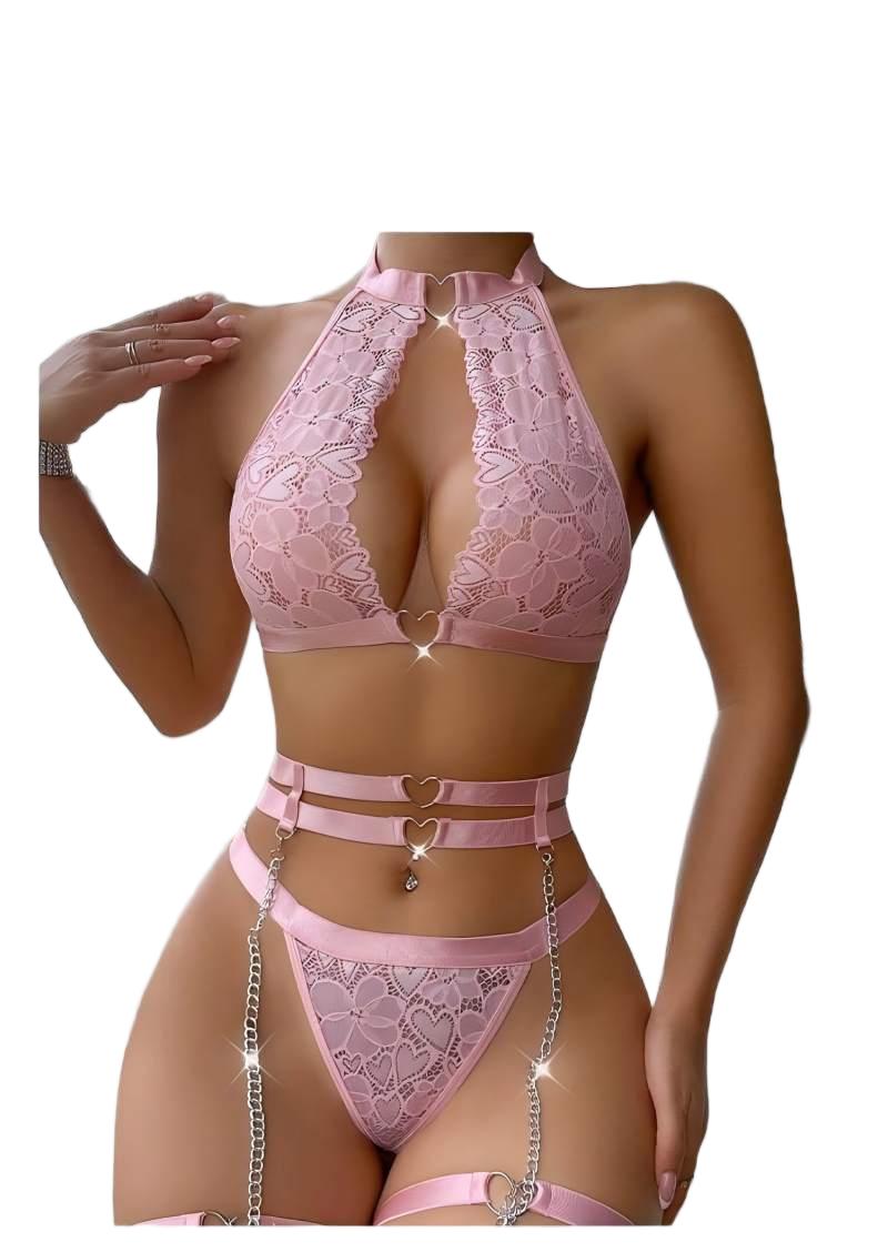 Plunge Bra Push Up - ชุดชั้นในเซ็กซี่แบบดันทรง พร้อมสายรัดถุงน่องและสร้อยคอ ชุดชั้นในผู้หญิงแบบมีโครงและจีสตริง ชุดชั้นในสตรี