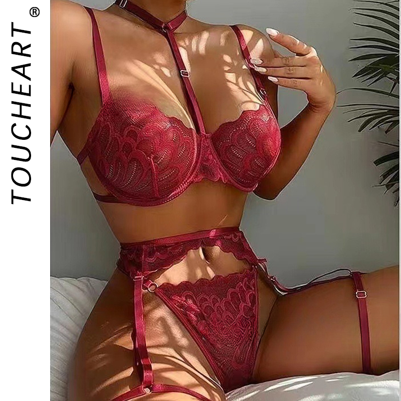 Lace Bralette Set - Toucheart เซ็กซี่ที่น่าสนใจชุดชั้นในผู้หญิง Halter Bra Garter Belt