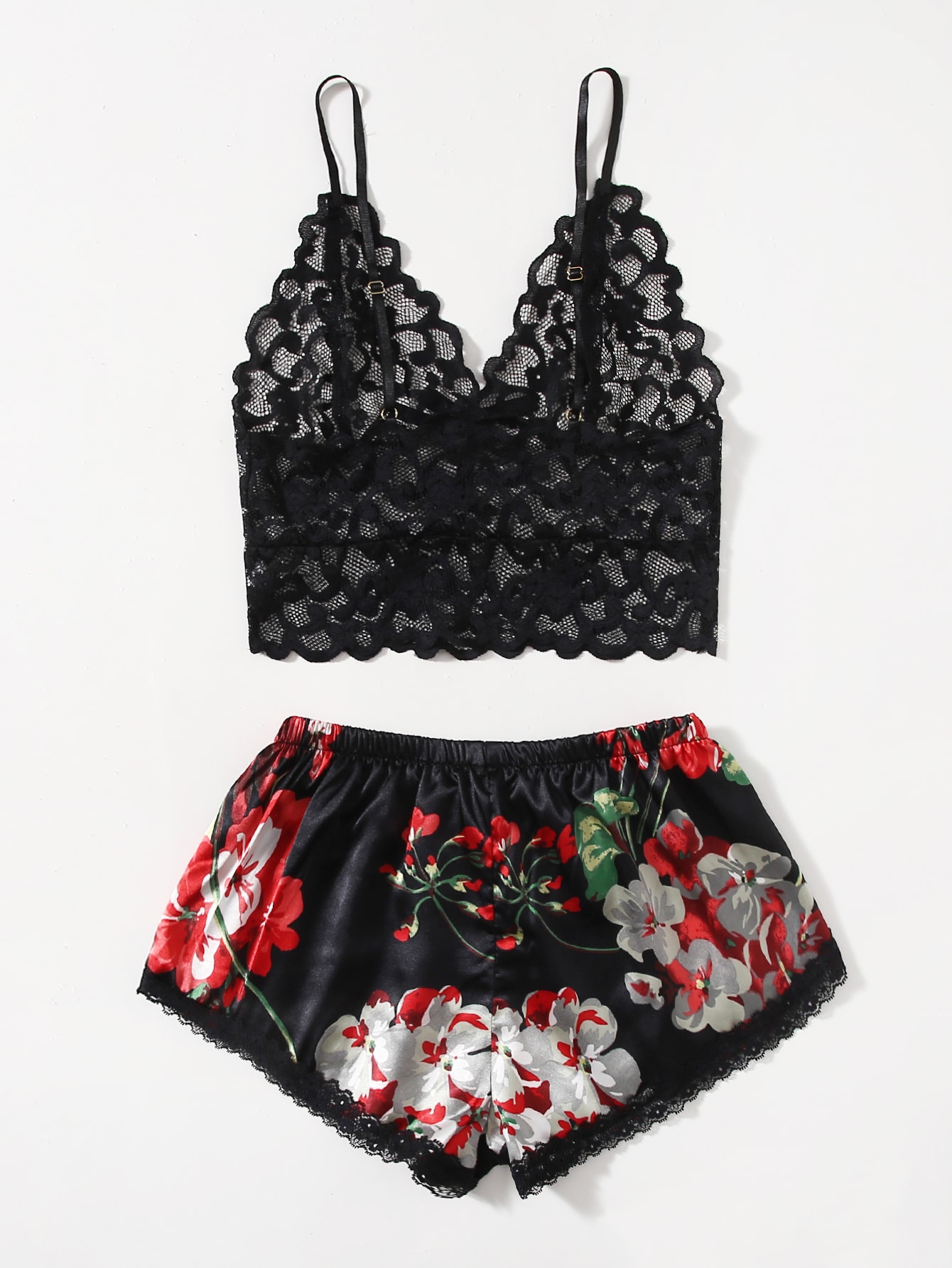 Lace Bralette Set - ชุดนอนลูกไม้ลายดอกไม้สำหรับผู้หญิง ชุดนอนบราเล็ตสีดำและกางเกงขาสั้นผ้าซาตินสำหรับออกเดท