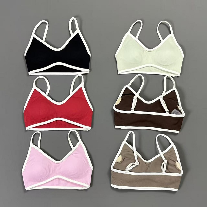 Sports Bra Racerback - เสื้อชั้นในโยคะแบบมีสายรัดคอวีสีขาวขอบบางไร้โครงเสริมฟองน้ำสำหรับออกกำลังกายทุกวัน ฟิตเนส ครอปท็อป