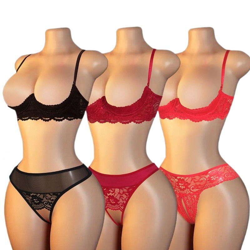Lace Bralette Set - ชุดชั้นในเซ็กซี่ลูกไม้เว้าแหวกแบบ 1/4 คัพ ไร้โครงเสริมทรง พร้อมกางเกงชั้นในแบบเป้าเปิด ชุดชั้นใน