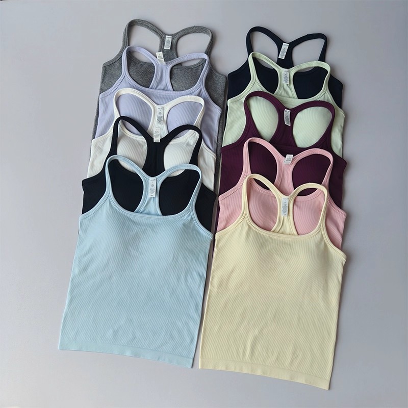 T Shirt Bra Seamless - เสื้อกล้ามโยคะสำหรับผู้หญิง ฤดูร้อน เสื้อกีฬาแบบรัดรูป เสื้อกล้ามออกกำลังกายแบบไร้ตะเข็บ มีฟองน้ำในตัว เหมาะสำหรับวิ่ง