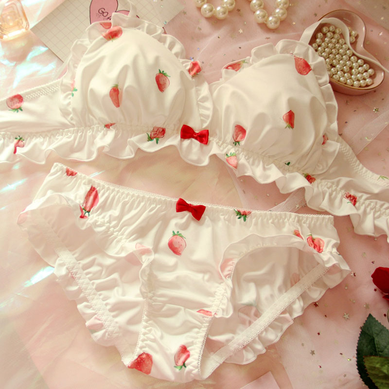 Lace Bralette Set - สตรอเบอร์รี่น่ารักผ้าไหมญี่ปุ่น Bra & กางเกงชุด Wirefree ชุดชั้นในชุด