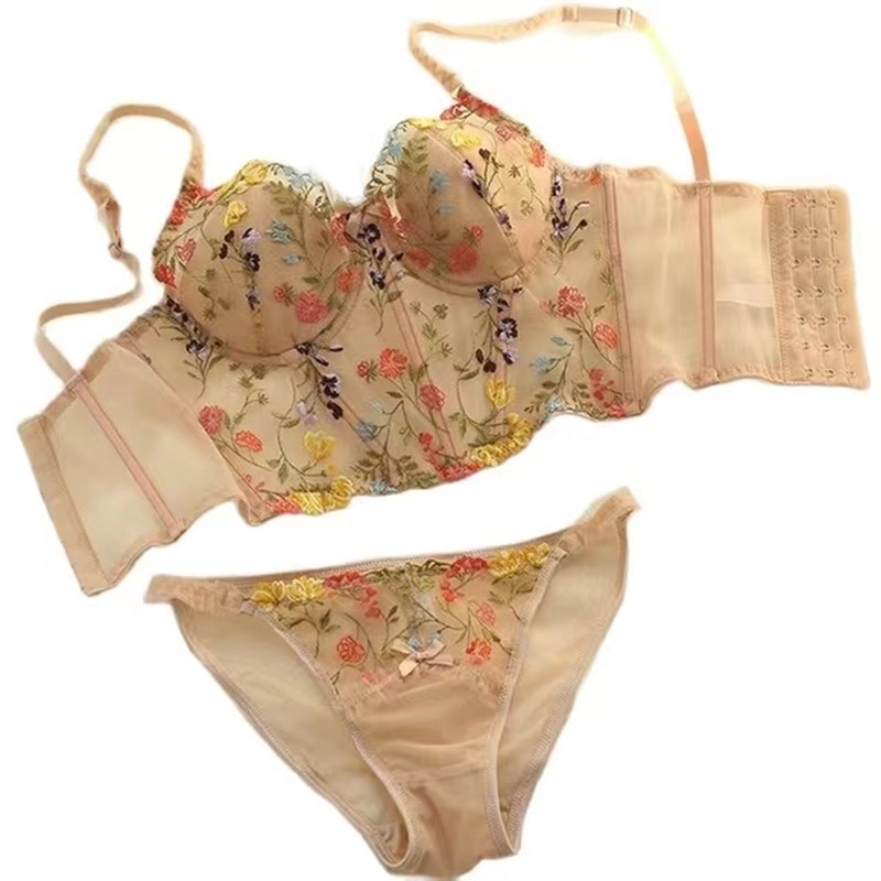 Underwire Bra Padded - ชุดชั้นในลูกไม้ปักลายแบบบางพิเศษจากฝรั่งเศสชุดกระชับสัดส่วนเสื้อและกางเกงทรงก้างปลาดอกไม้โรแมนติกชุดชุดชั้นใน