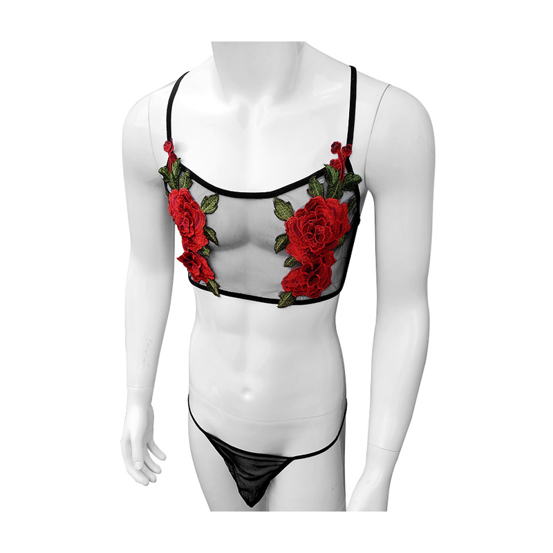 Sheer Mesh Bra - ชุดชั้นในเซ็กซี่ปักลายฉลุตาข่ายลูกไม้สำหรับผู้ชาย ชุดนอนสายเดี่ยว บรา ท็อป กางเกงในจีสตริง ชุดชั้นในอีโรติกสำหรับสาวประเภทสอง
