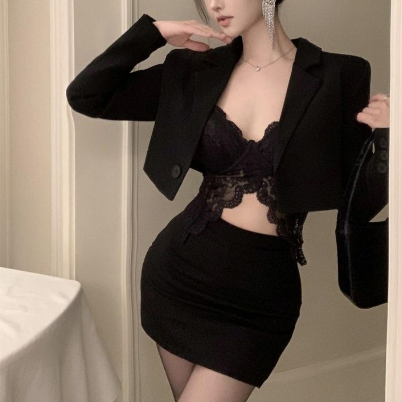 ฤดูใบไม้ผลิสีดําBlazerลูกไม้Br - Lace Bralette Set บทวิจารณ์และราคา
